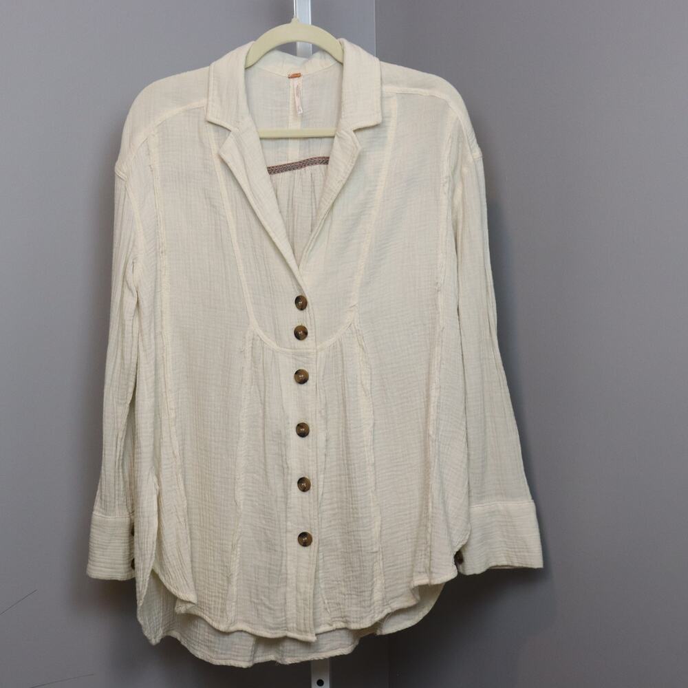 Free People Double Gauze Button Down Shirt XS‎ – Relaxed Cream Boho Top